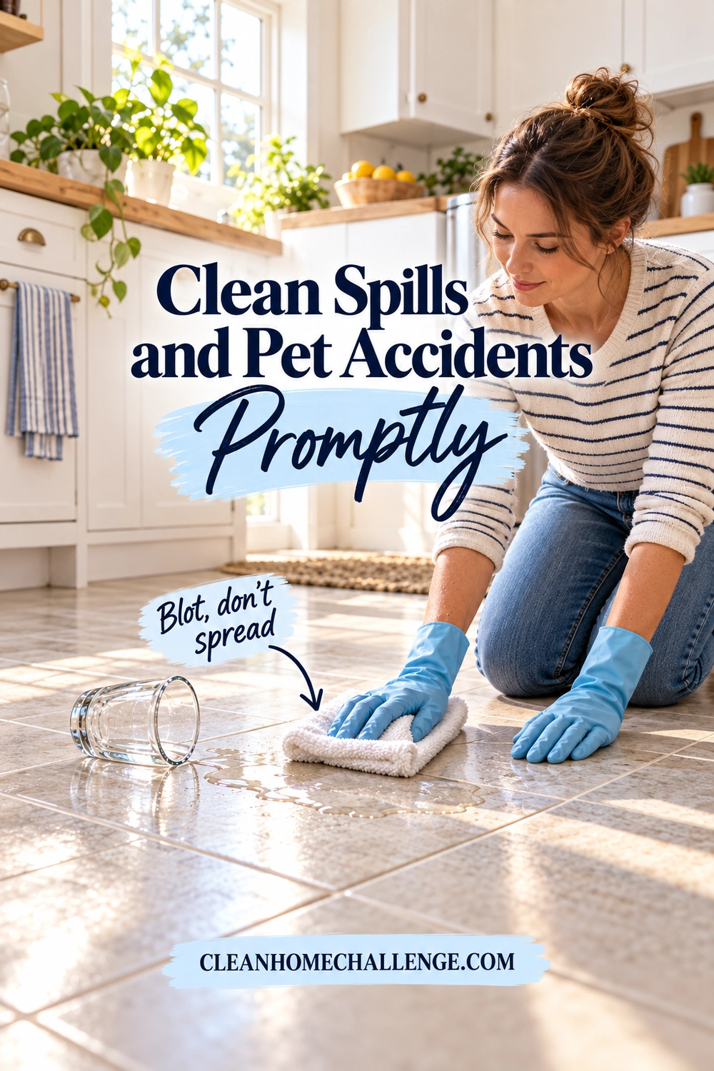 A mother wearing blue gloves blots a water spill with a white cloth beside a tipped glass on tile.