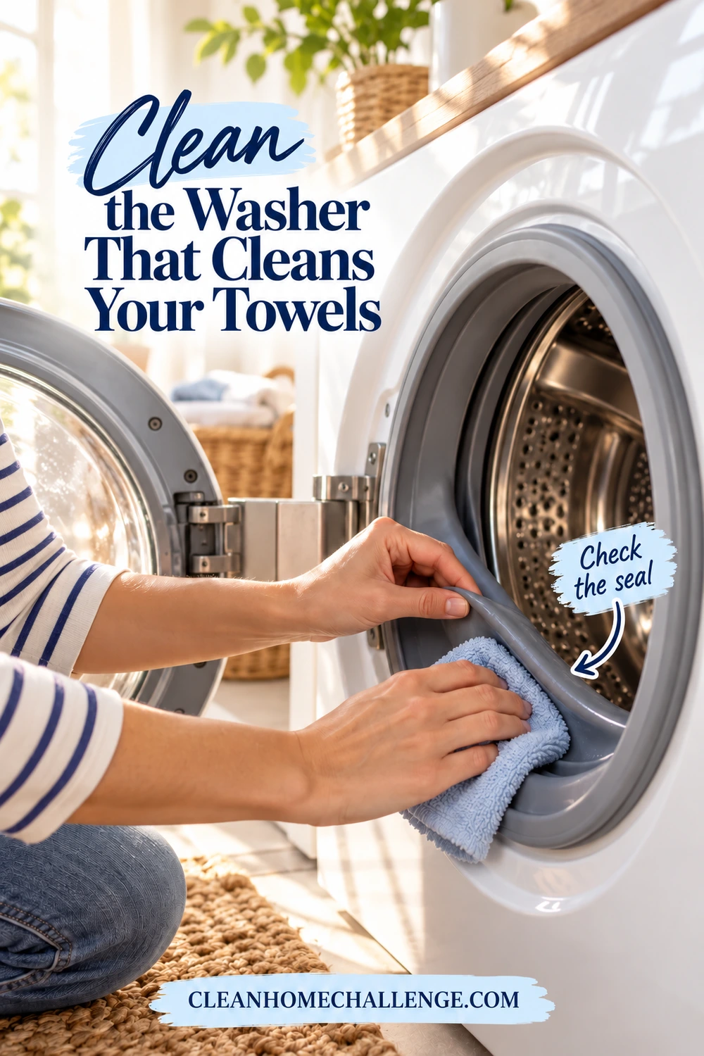 Two hands wipe the accessible rubber door seal of an empty front-loading washer with a soft blue cloth.
