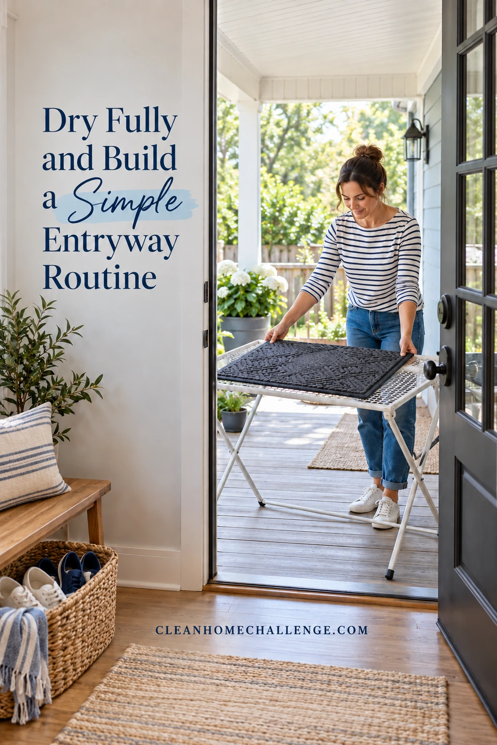 Woman arranging an entry mat flat on a ventilated drying rack on a covered porch.