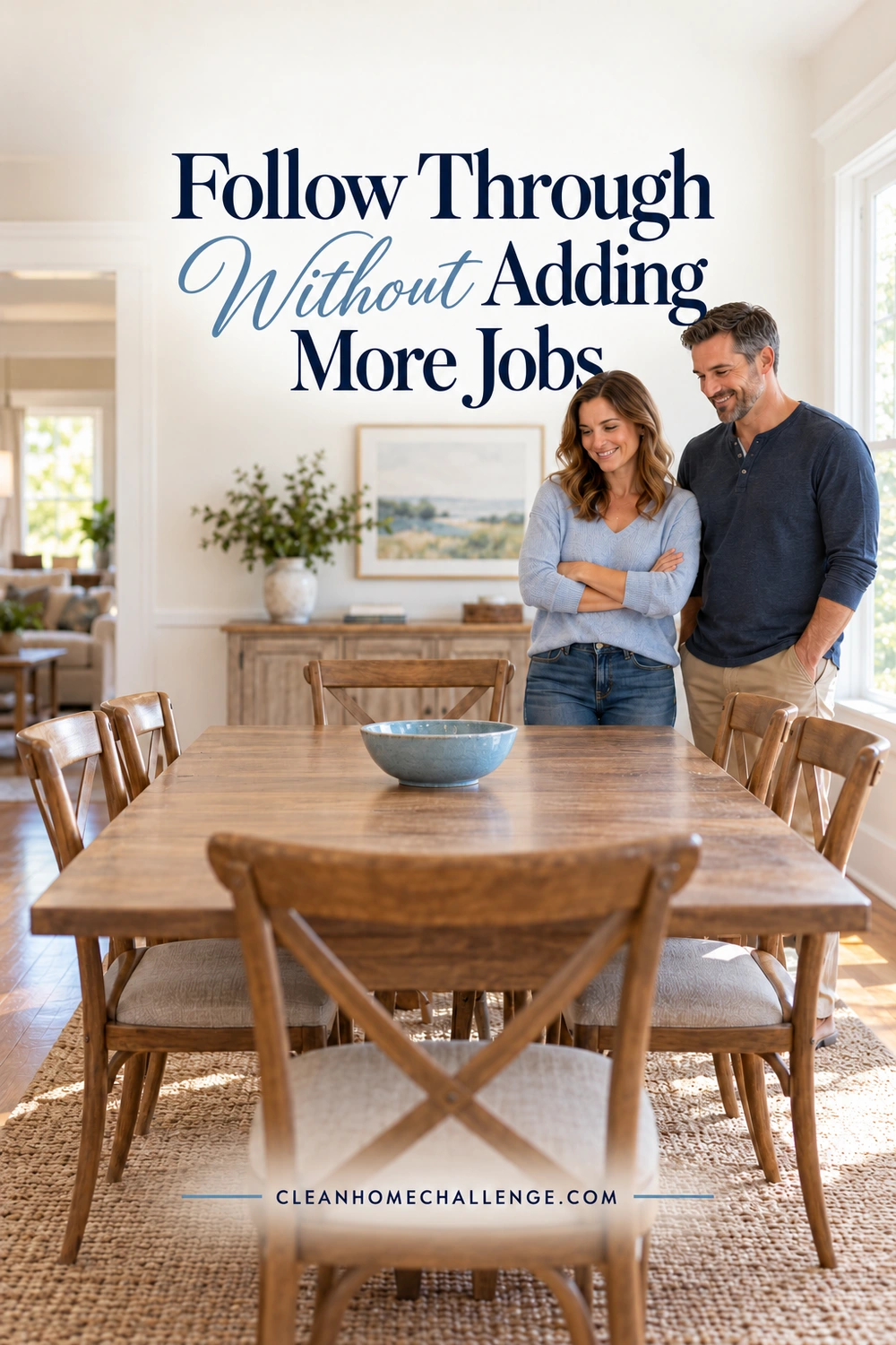 Two adults look at a cleared wooden dining table with one blue bowl.