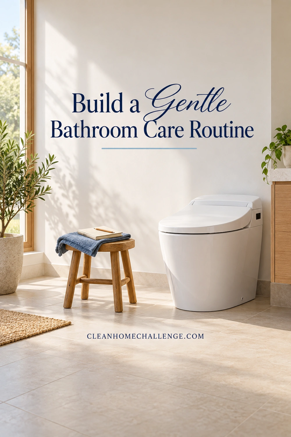 A blue cloth, plain notebook, and pencil sit on a stool beside a closed smart toilet.