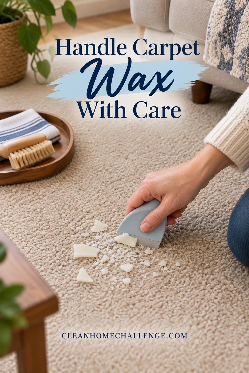 Hand holding a rounded gray scraper near cooled white wax flakes on beige carpet beside a small tray.