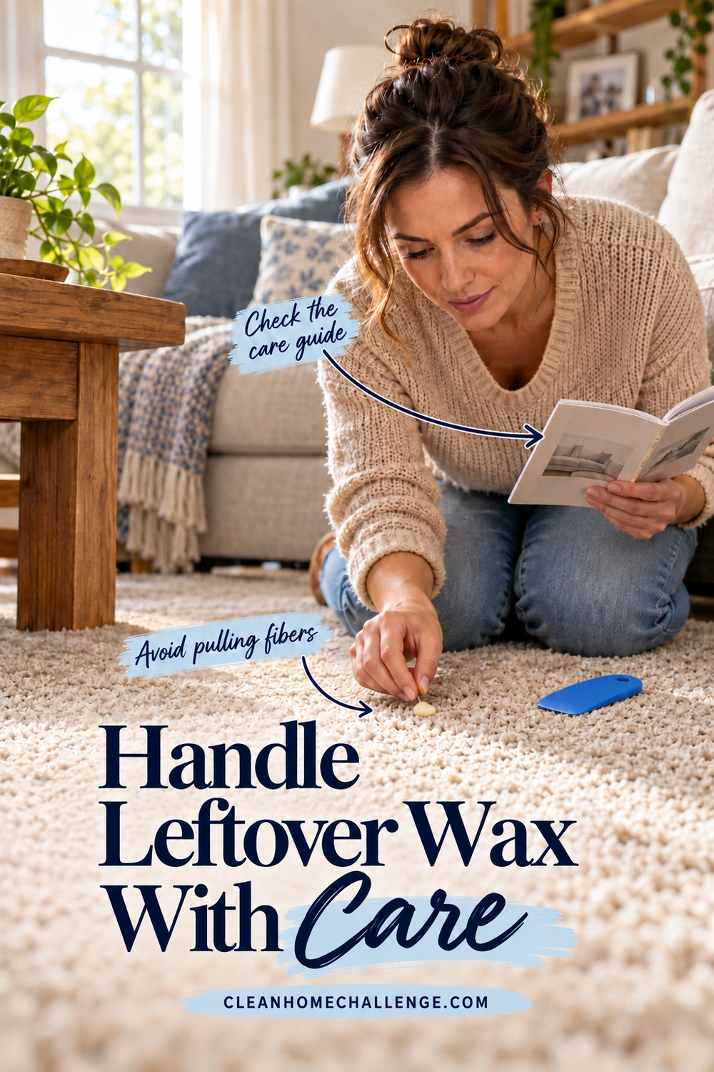 A kneeling woman inspects a remaining wax fleck while holding a care booklet. A blue plastic scraper rests nearby, with arrows to the booklet and carpet fibers.