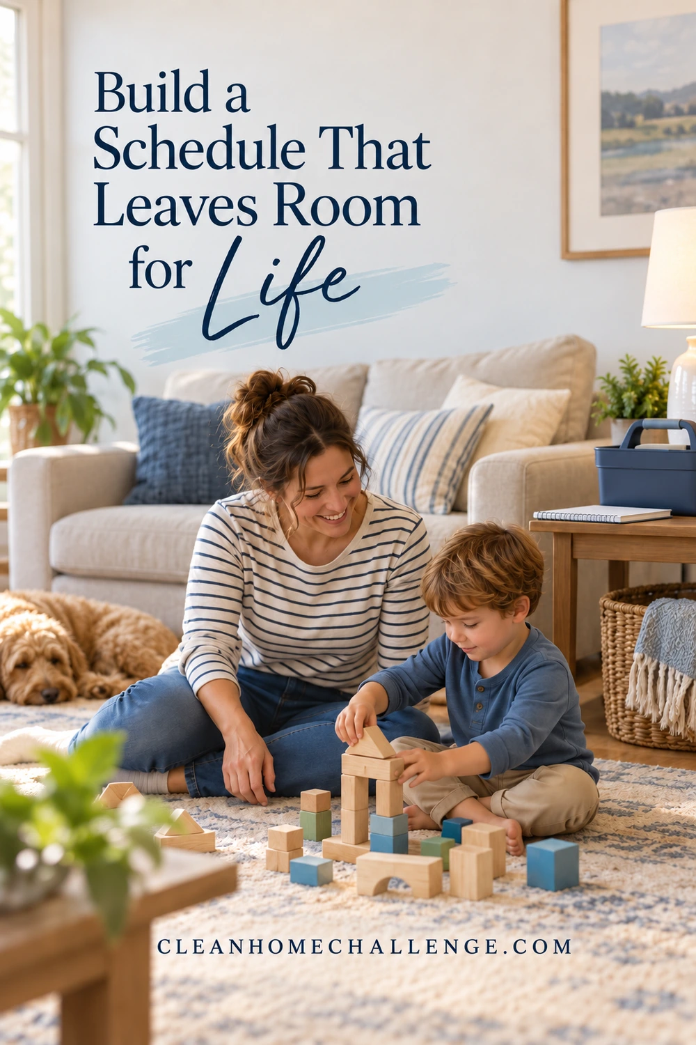 Mother and child building wooden blocks on a living-room rug with a notebook on the side table.