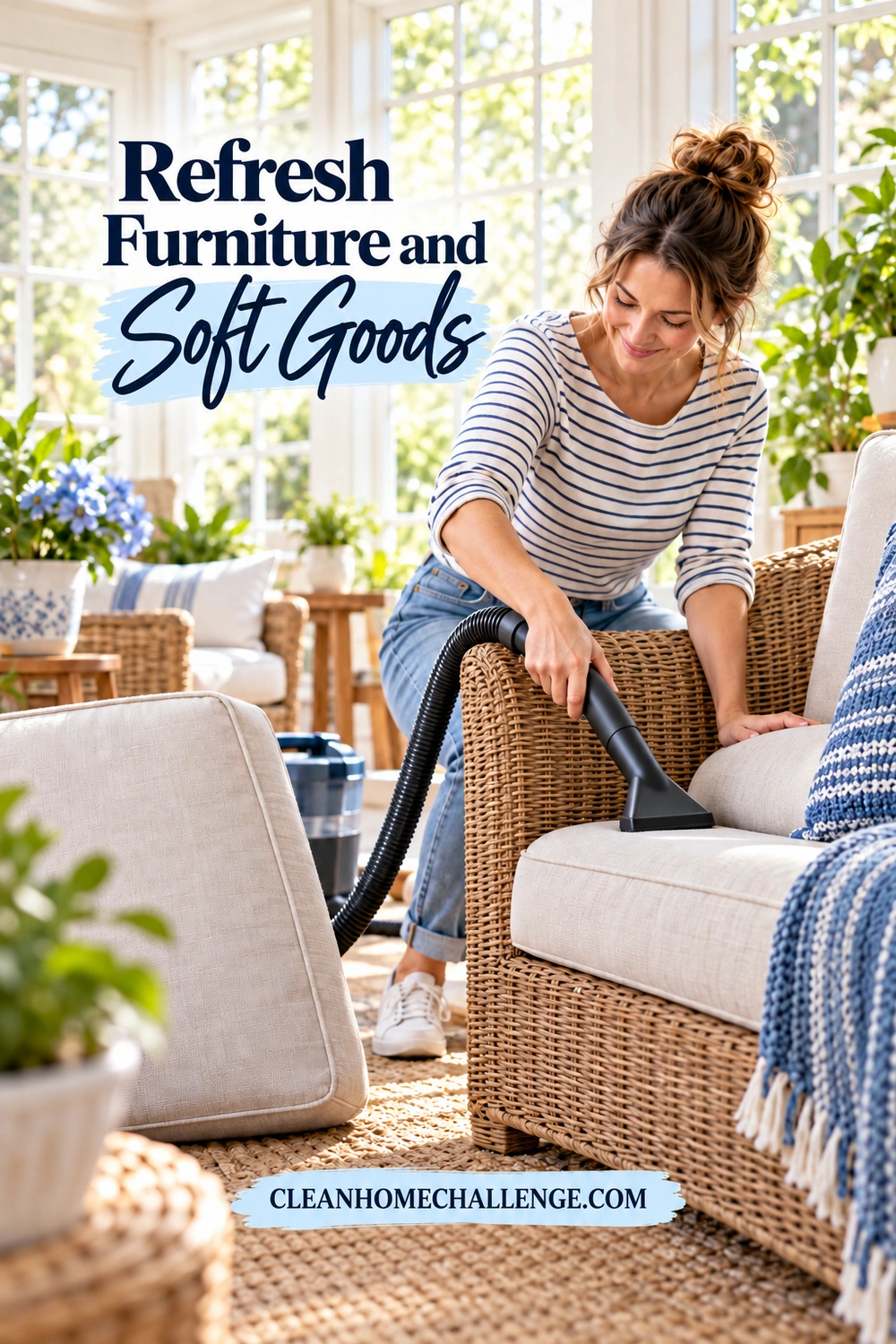 A woman uses a dry-vacuum upholstery attachment on a woven sunroom chair with a cushion set aside.