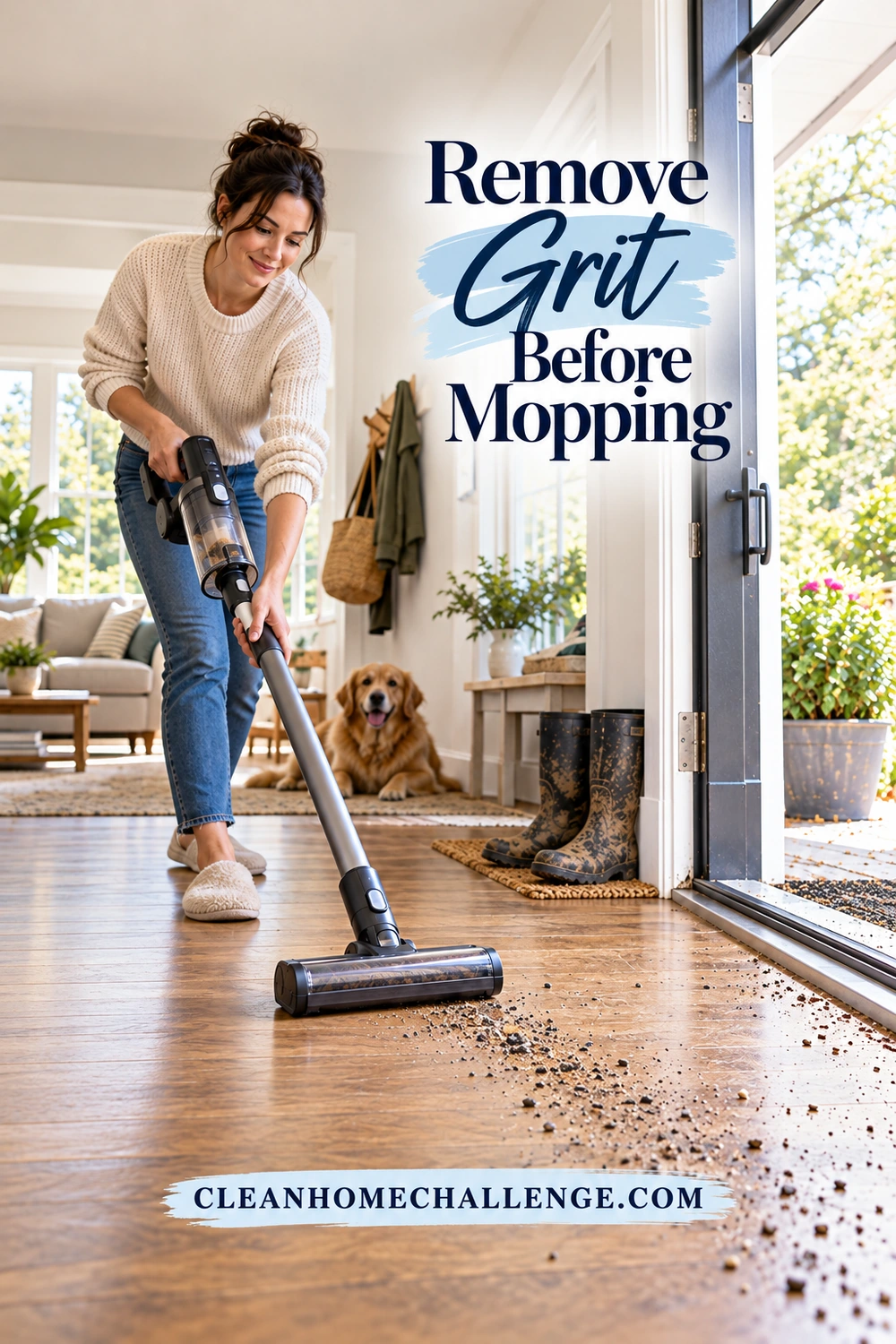 A person vacuums a small trail of dry grit along a hard-floor doorway.