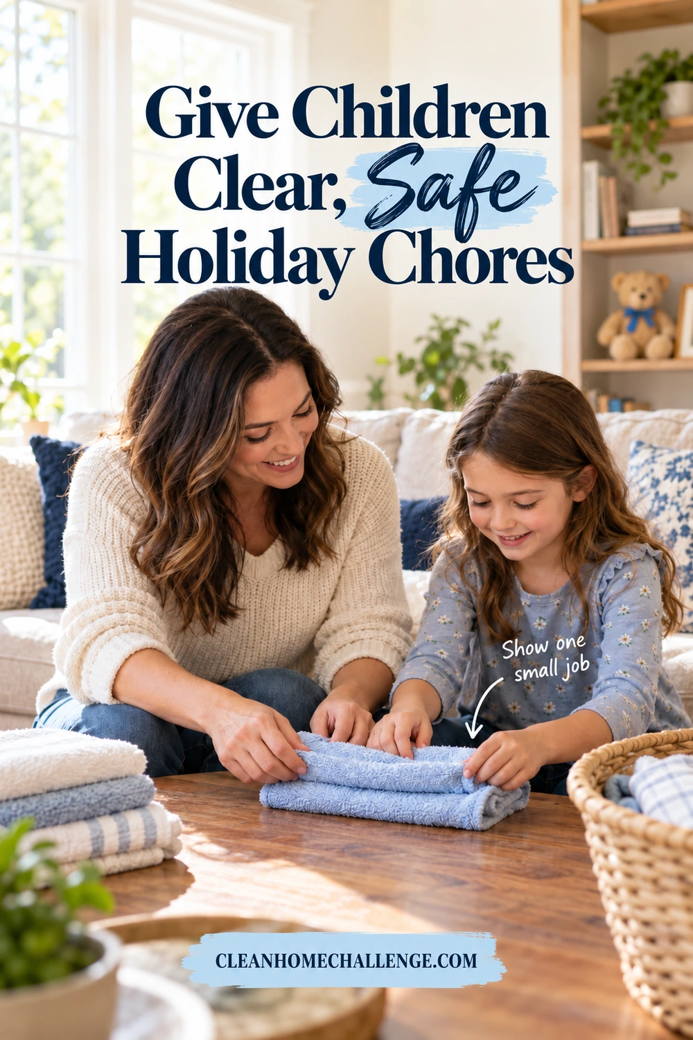 A woman and girl fold a small blue towel together at a coffee table beside folded towels and a wicker laundry basket.
