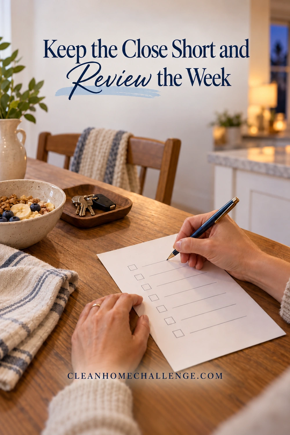 Adult hands marking blank checklist beside keys and breakfast bowl on kitchen table.
