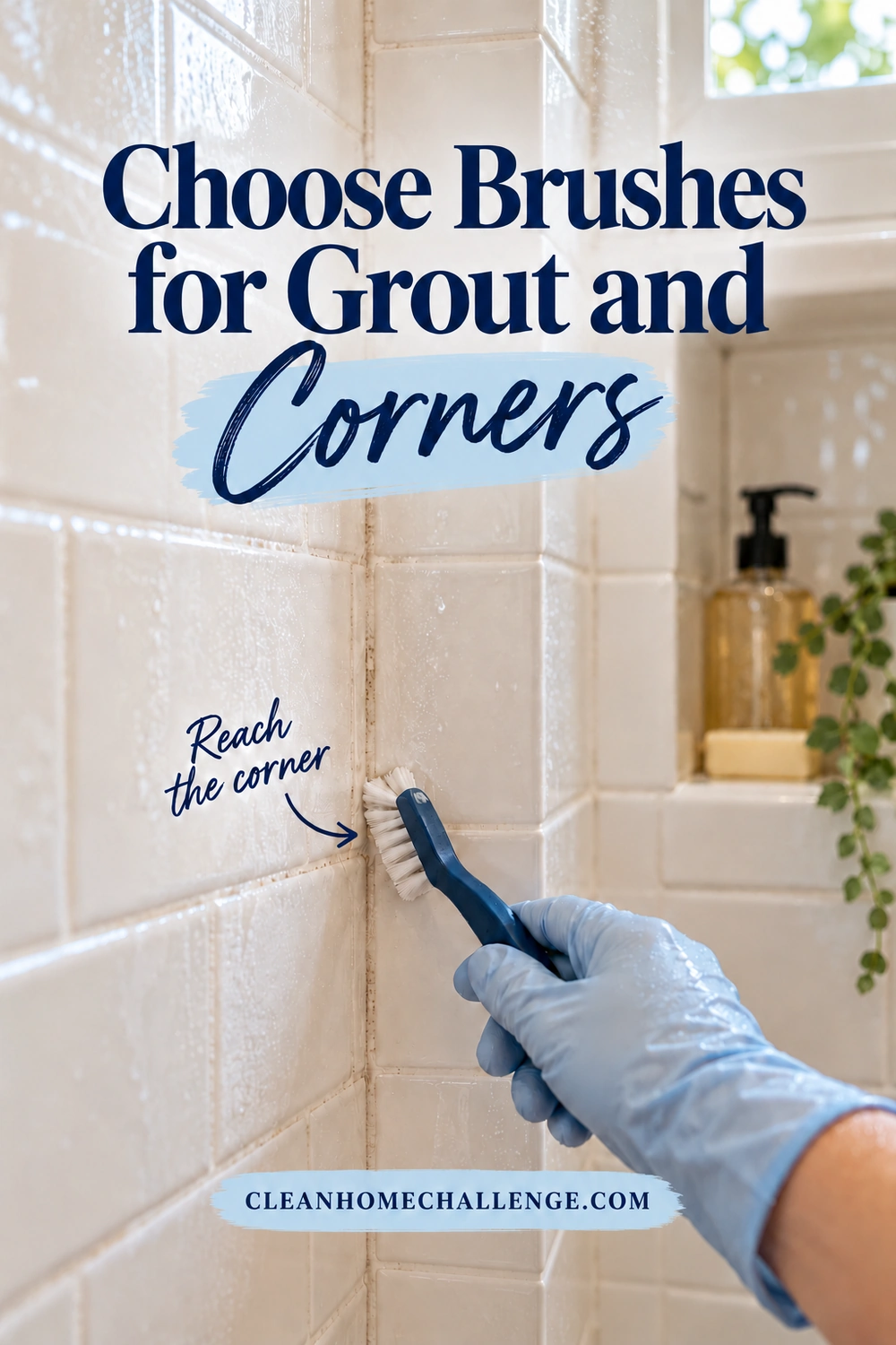 A gloved hand holds a small blue-handled brush against a narrow tiled shower corner beside a recessed shelf.