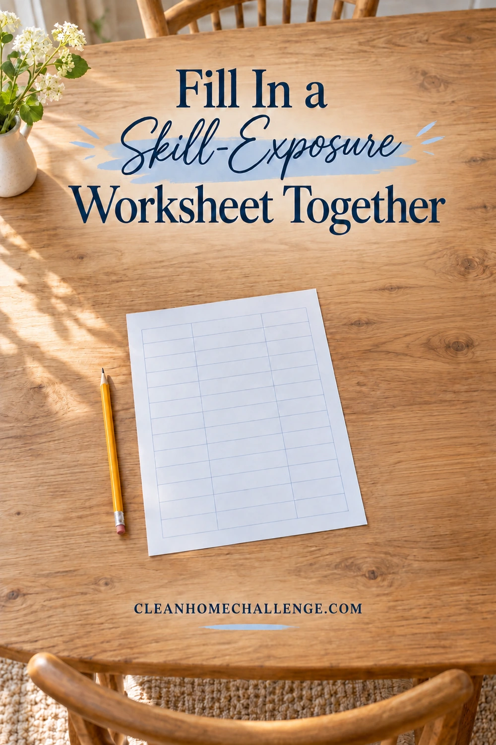 A blank grid worksheet and a pencil sit on a sunlit wooden dining table.