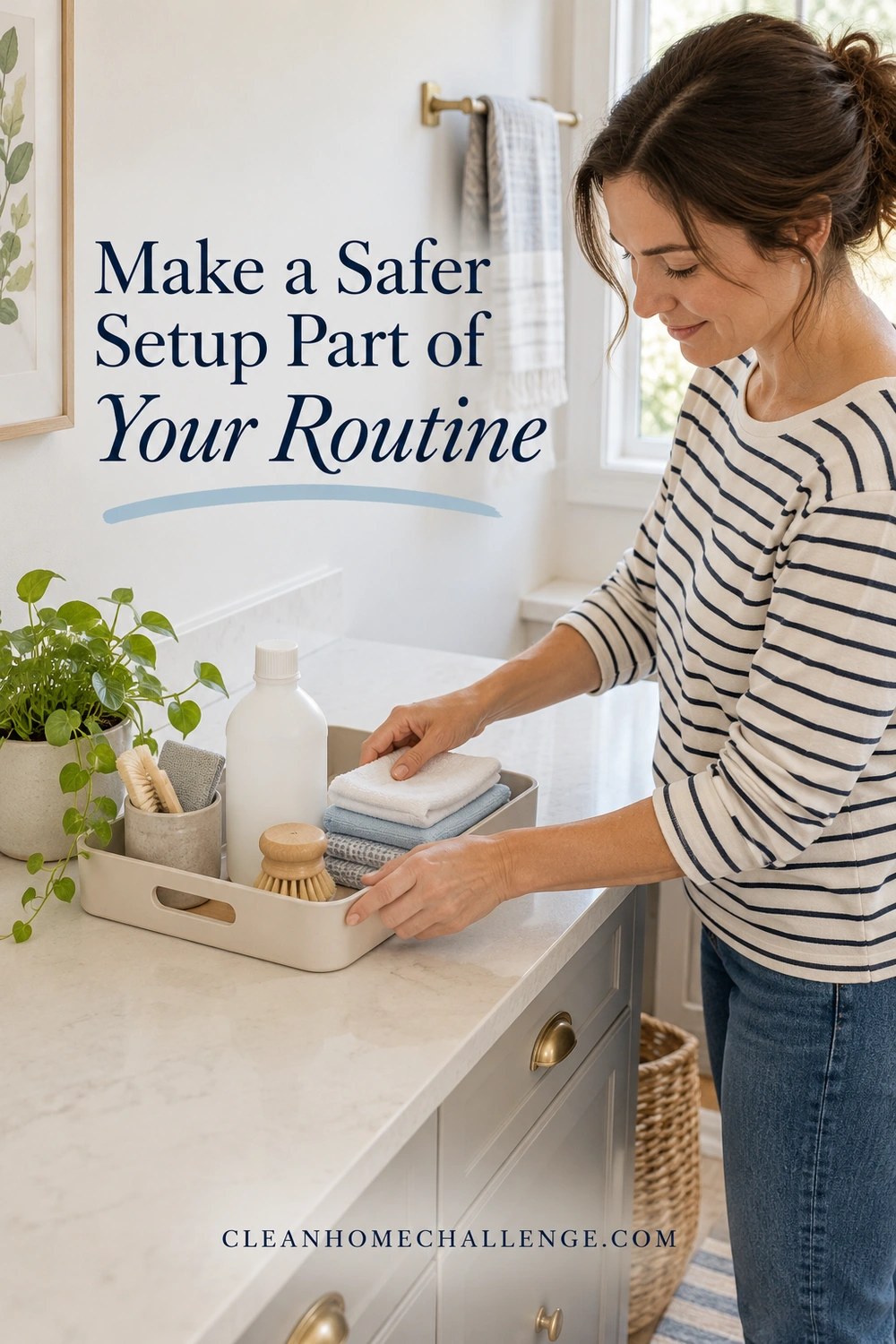 Woman arranging folded cloths, brushes, and a closed bottle in a small tray on a utility counter.