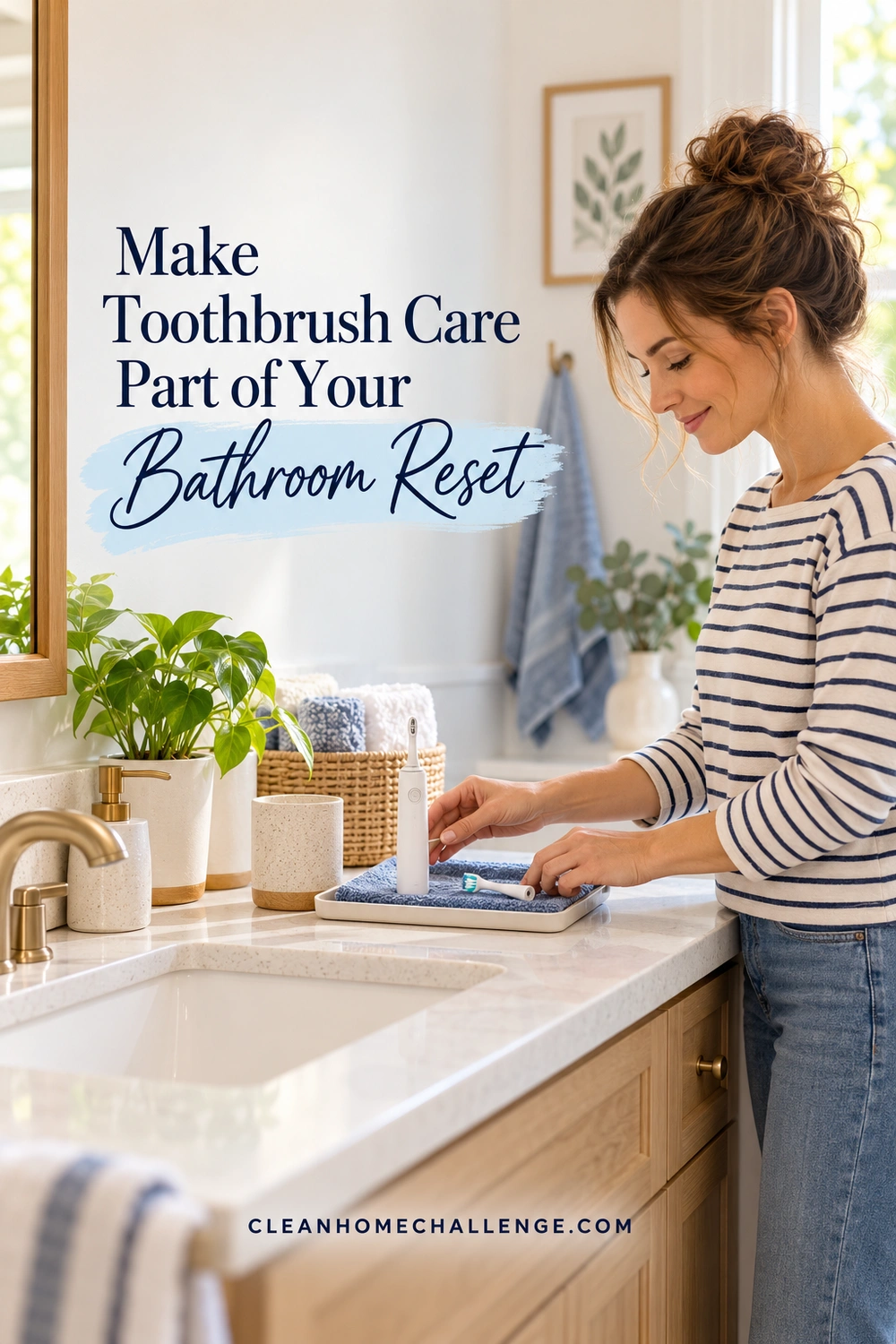 A woman in a striped shirt tidies a toothbrush and separate brush head on a blue towel in a small tray beside the bathroom sink.
