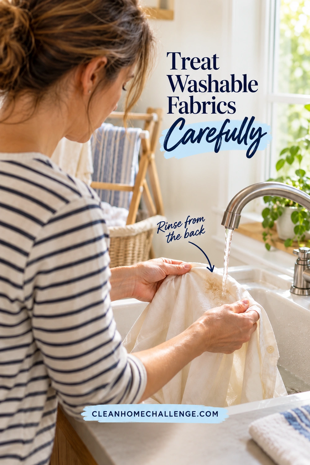 Viewed over her shoulder, a woman holds a stained cotton shirt beneath a running laundry faucet, with a drying rack behind her.