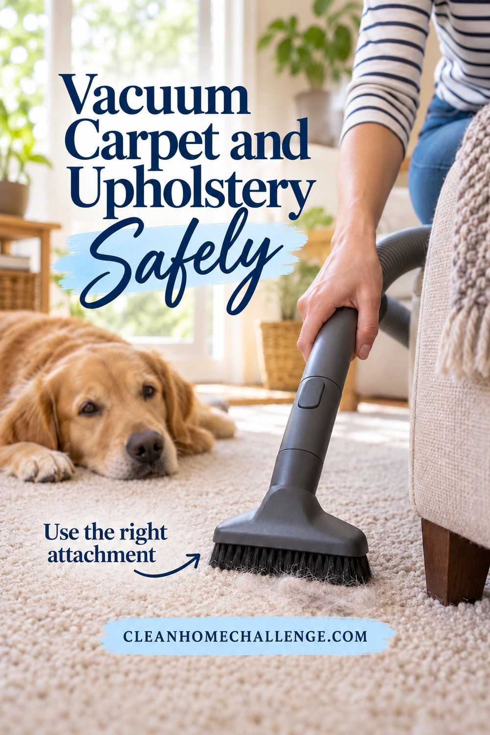 A soft-bristle vacuum attachment collects hair from a cream carpet beside a sofa, with a golden dog resting behind.