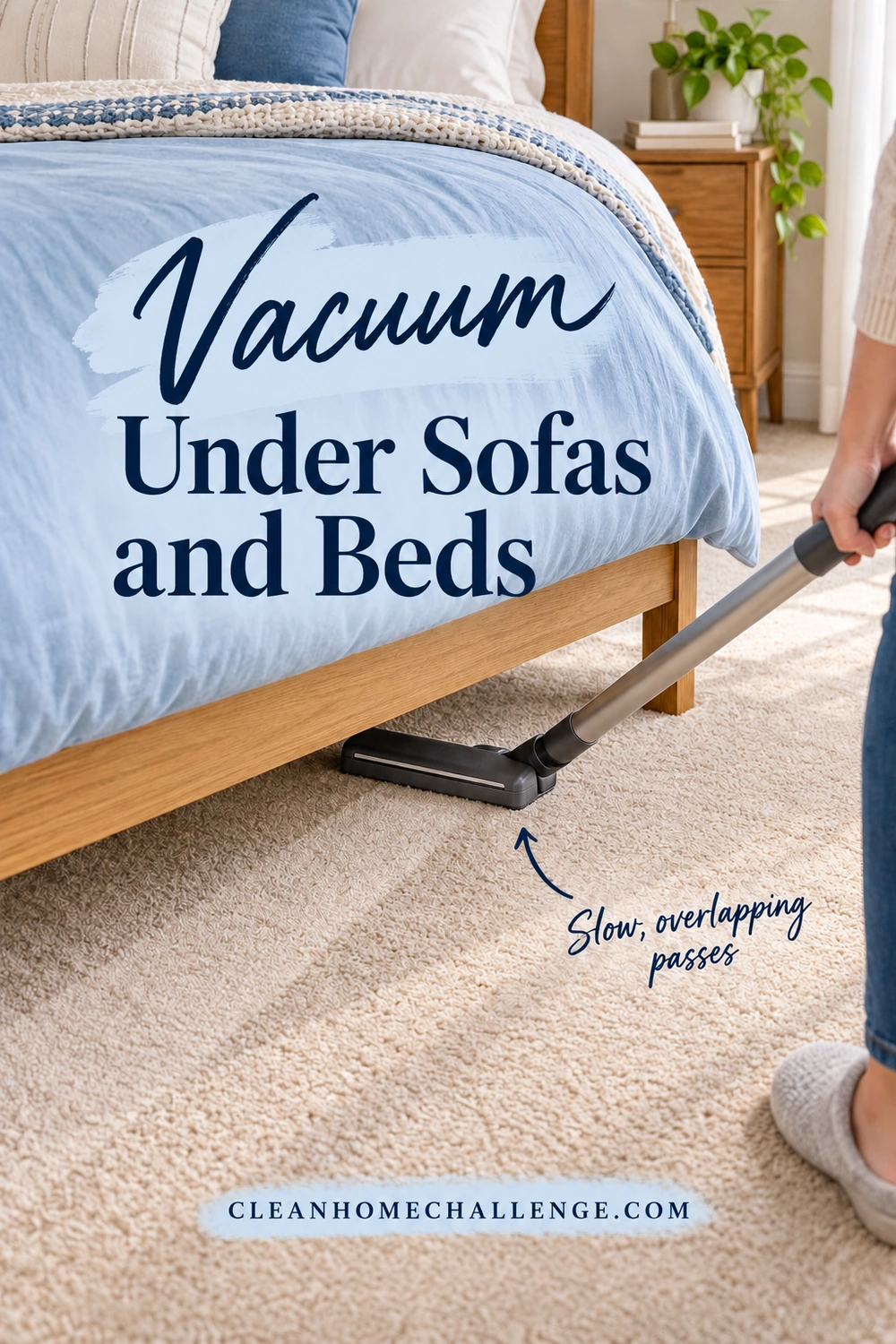 A low-profile vacuum head rests flat on carpet beneath a supported bed, with blue bedding clear of the cleaning opening.