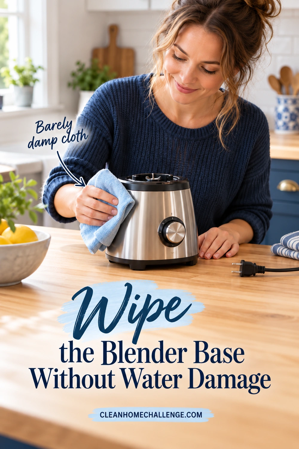 A woman wipes the outside of a blender motor base with a blue cloth on a dry counter, with its disconnected plug visible beside it.