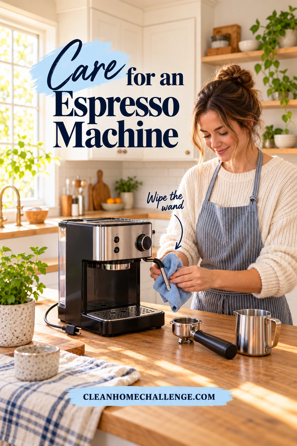A woman in a blue apron wipes the steam wand of an unplugged espresso machine with a blue cloth beside a portafilter and milk pitcher.