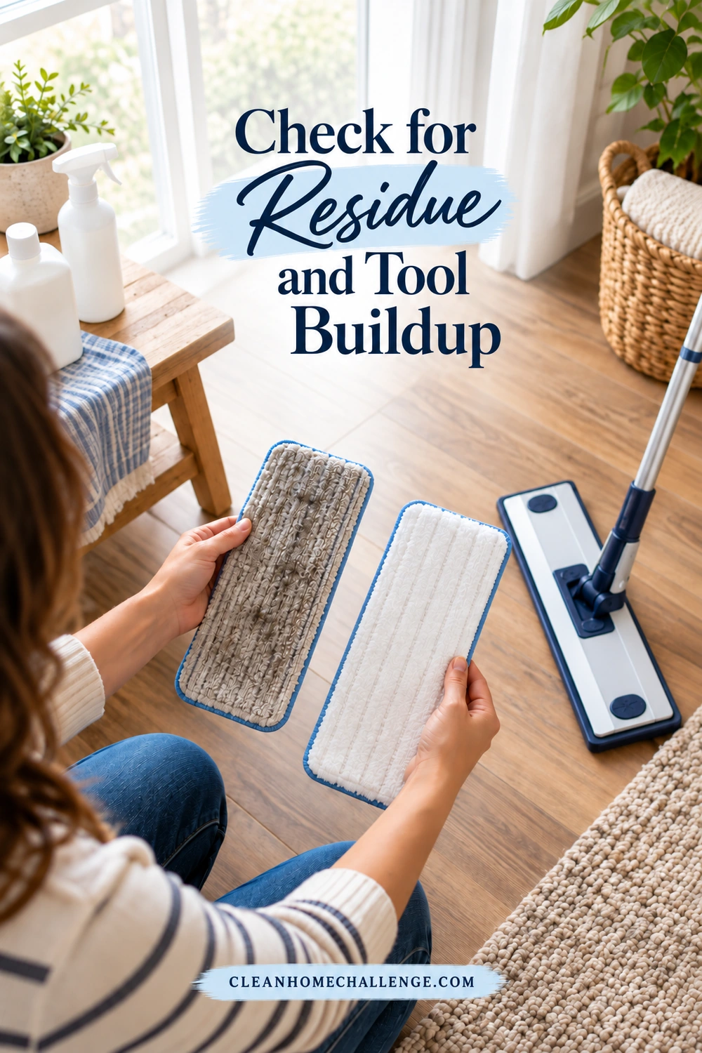 An adult compares a soiled mop pad with a clean replacement beside a flat mop.