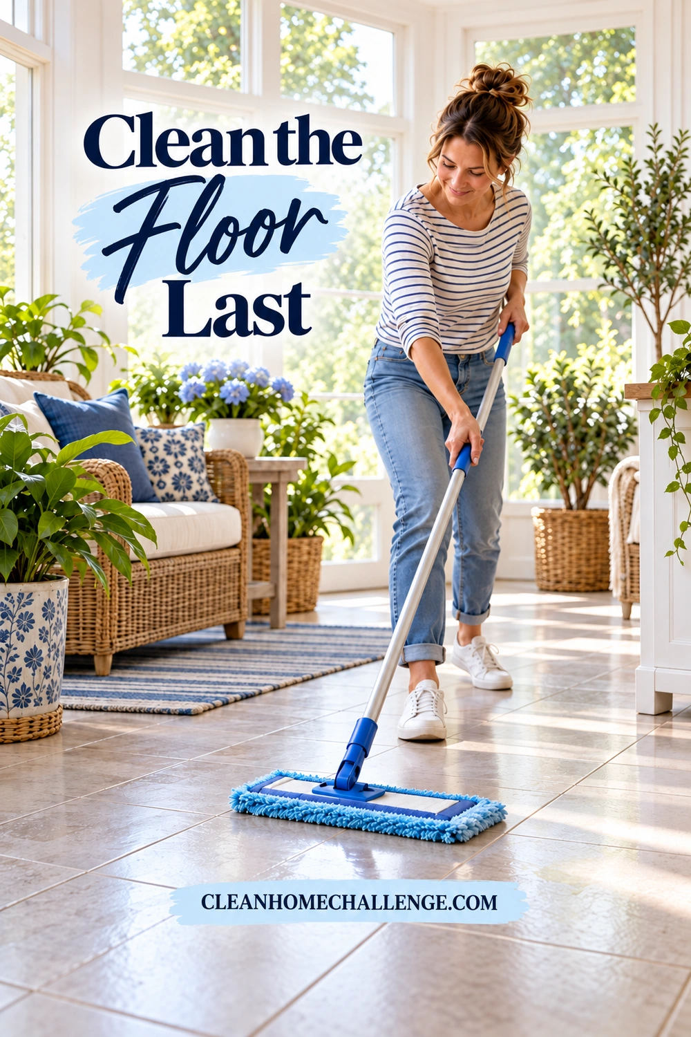 An adult uses a clean flat mop on a small tiled area after sunroom furniture has been moved aside.