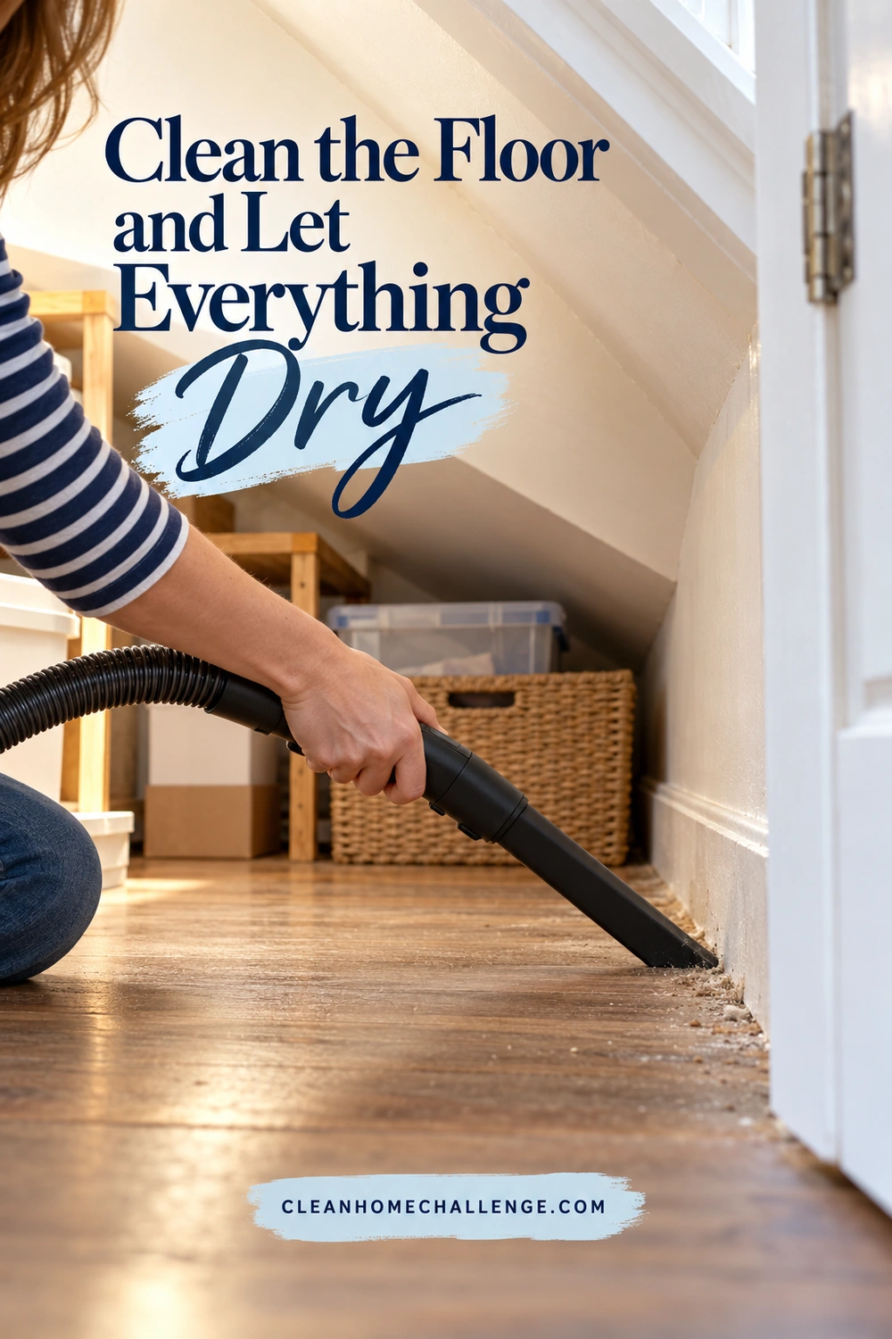 A striped-sleeve adult uses a vacuum crevice tool along a dusty floor edge inside an under-stairs cupboard.