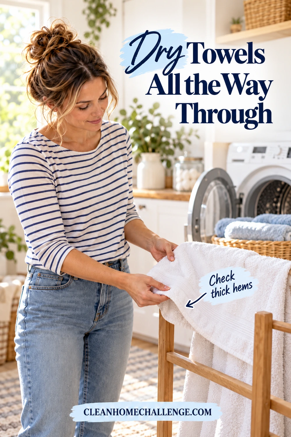 A woman checks the thick band of a white towel draped over a wooden drying rack in a bright laundry room.