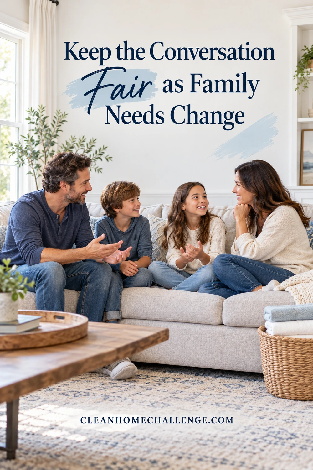 Two adults and two children sit on a sofa talking, with folded towels nearby.