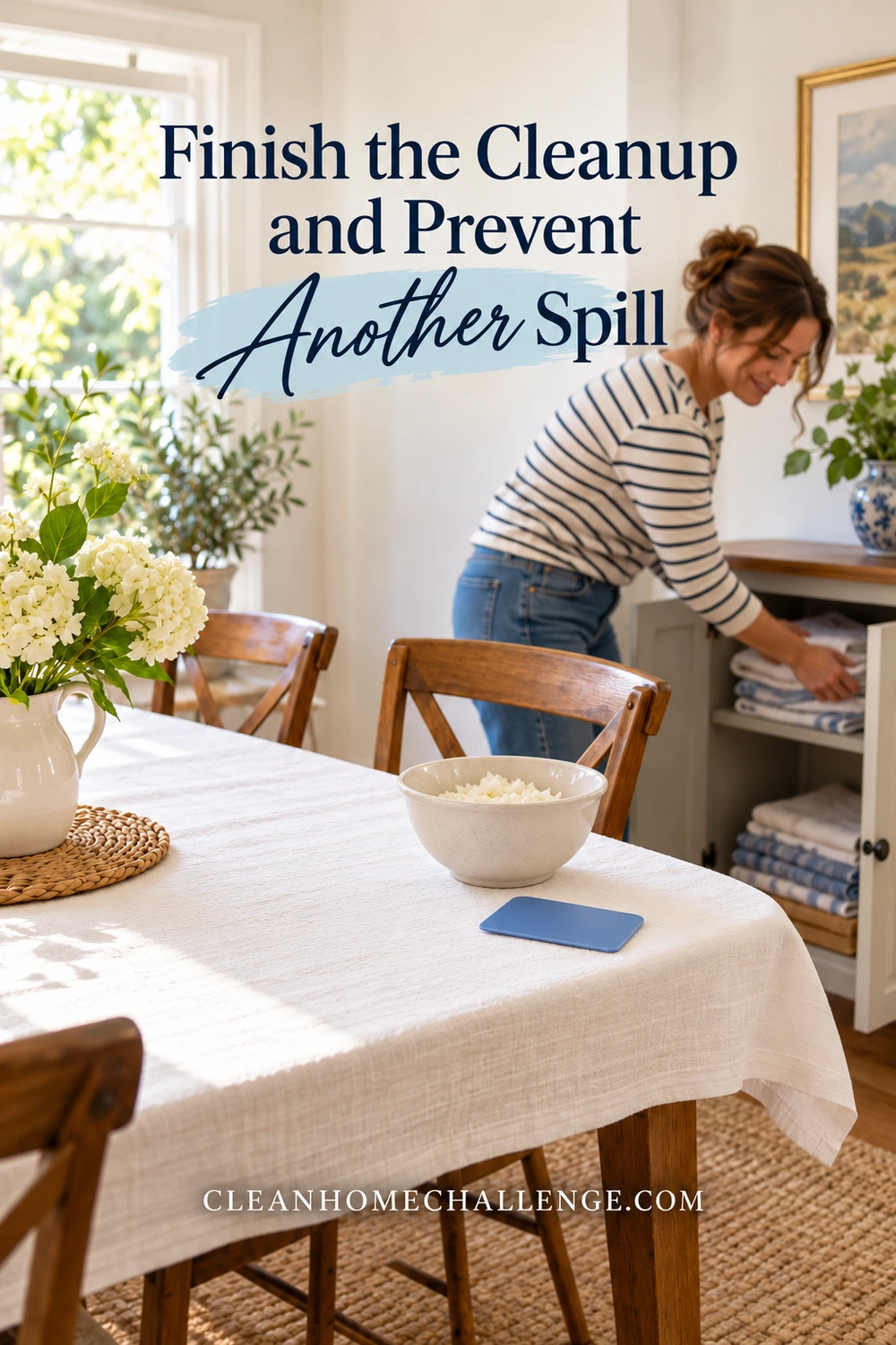 Woman putting folded cloths away beside a cleared dining table with a bowl of wax flakes and a rounded blue card.