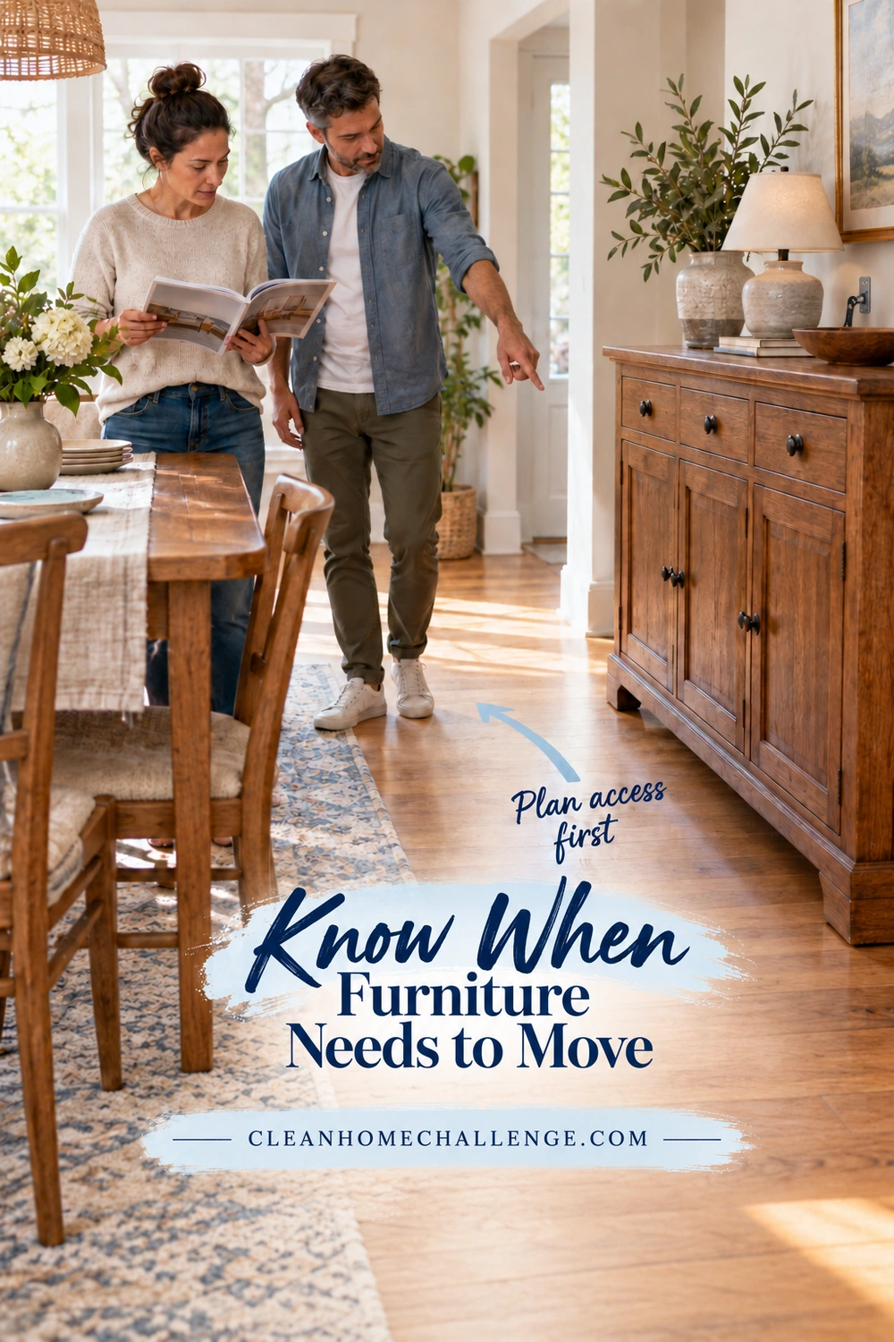 Two adults consult an open booklet and point toward the clear floor beside an upright wood cabinet with closed doors.