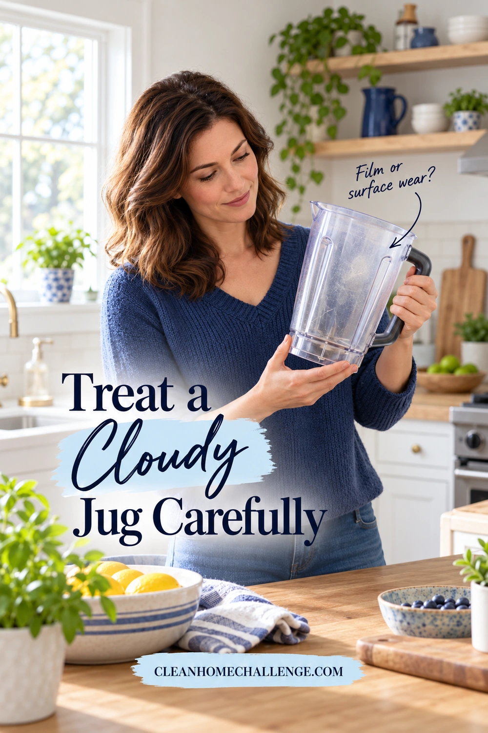 A woman holds a cloudy blender jug by its exterior handle and lower outer edge while inspecting its wall in natural kitchen light.