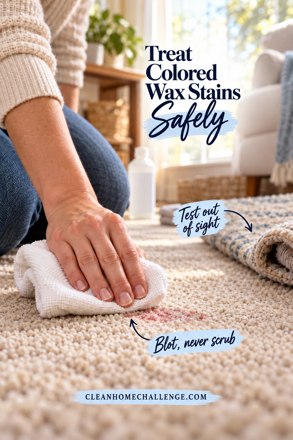A hand presses a folded white cloth against a faint pink stain on beige carpet. Callouts identify blotting and an out-of-sight test area at a rolled rug corner.