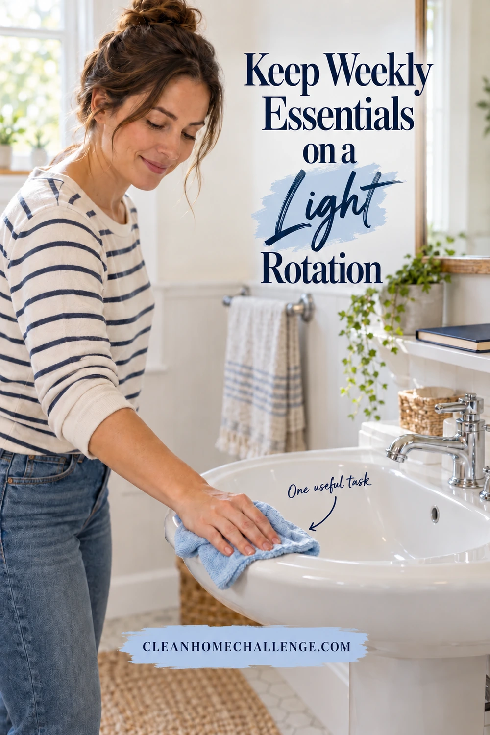 A woman wipes a white bathroom sink with a blue cloth; a towel hangs behind her and a closed notebook sits on a dry shelf.