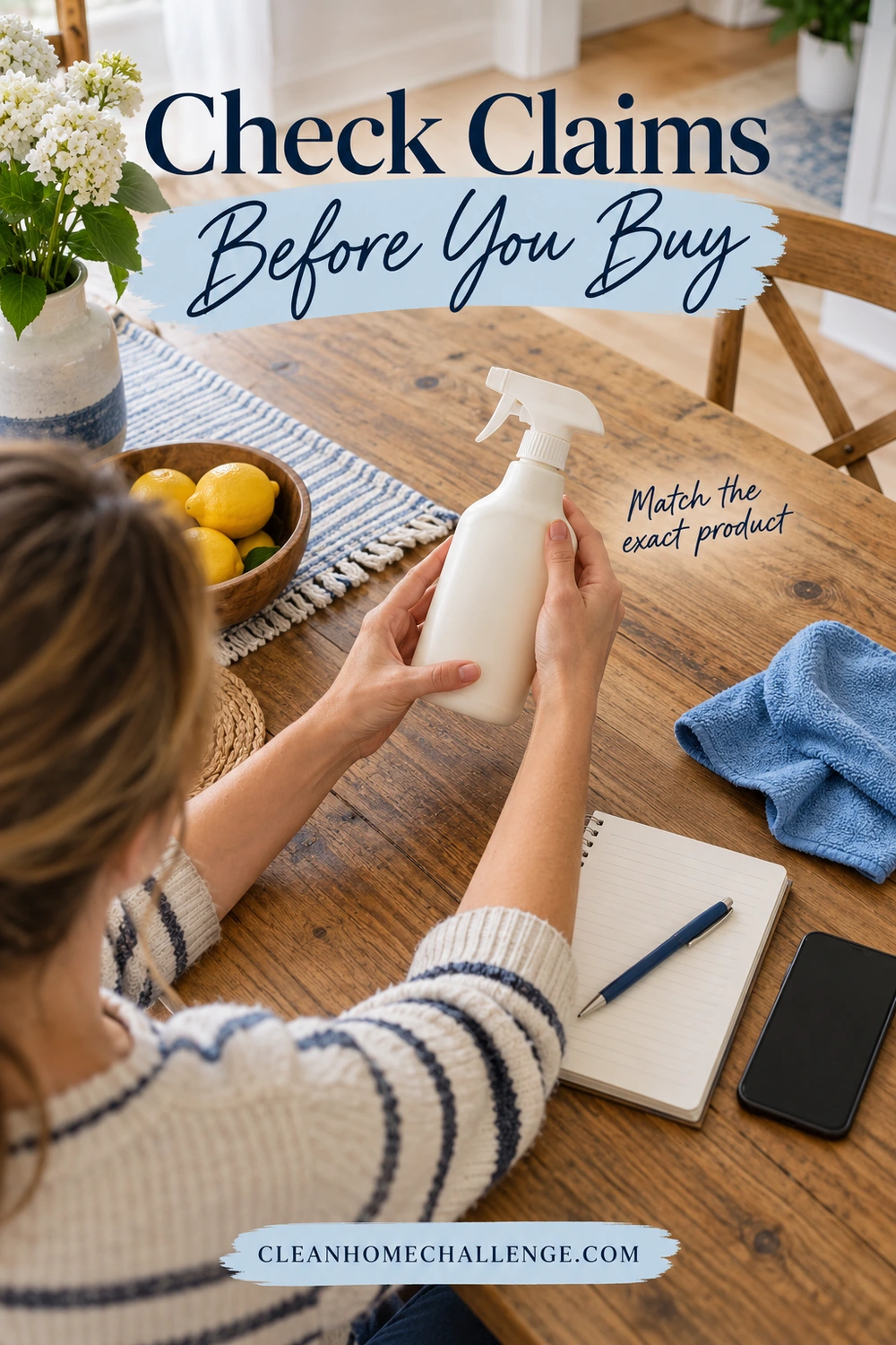 Over-the-shoulder view of hands holding a white spray bottle at a wooden table beside a blank notebook, phone and blue cloth.