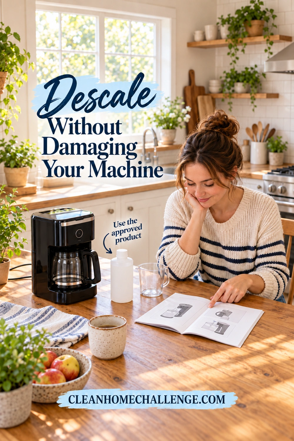 A woman points to an illustrated care guide beside a drip coffee maker, a capped white bottle, and an empty measuring jug.