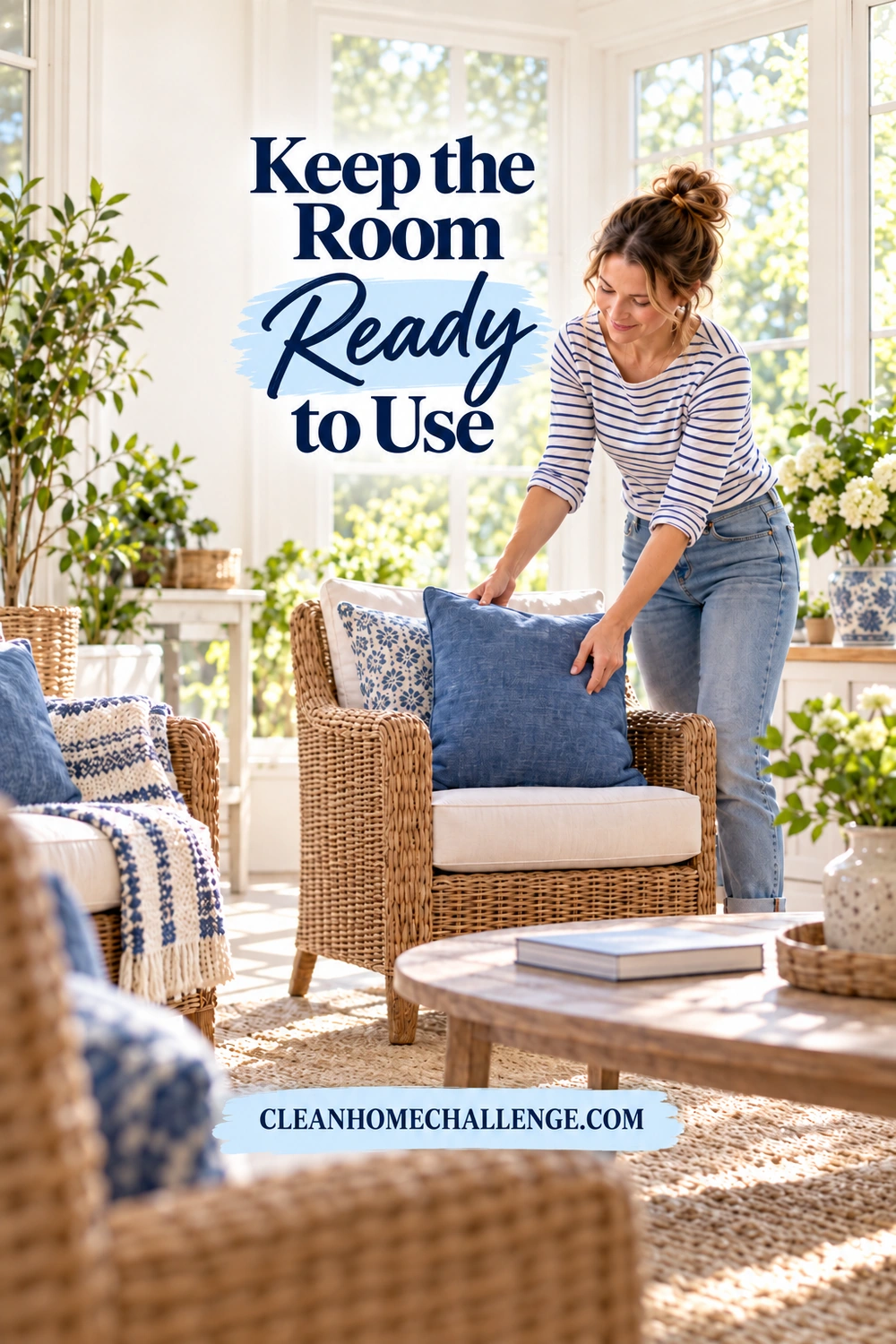 A woman returns a dry blue cushion to a sunroom chair with an open walking route beside it.
