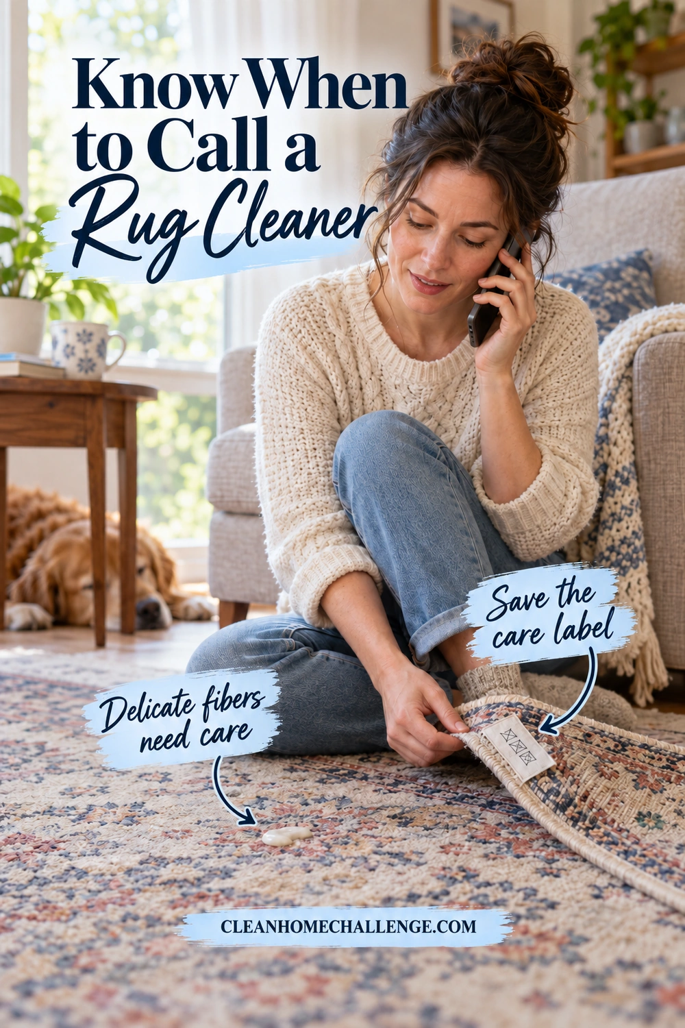 A woman speaks on her phone beside a patterned rug, holding up its care tag near a small wax spill. Callouts highlight delicate fibers and the care label.