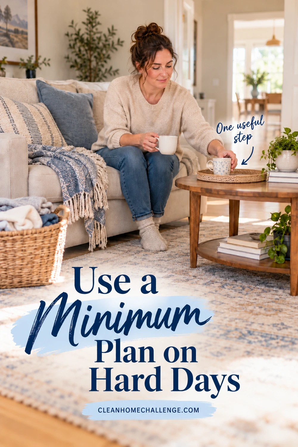 A seated woman gathers cups onto a woven tray in a living room with a laundry basket beside the sofa and a clear rug area.