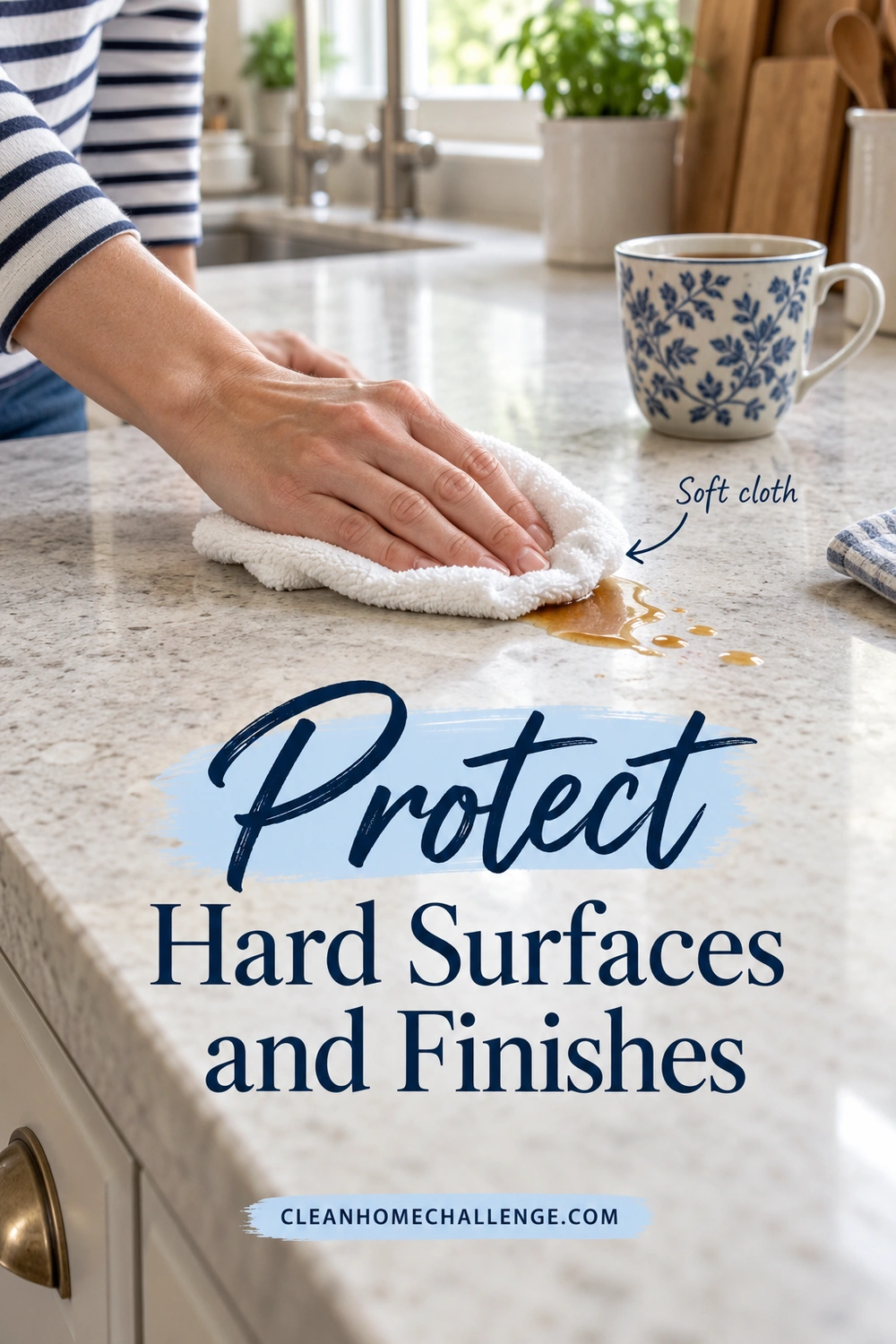 A hand in a striped sleeve uses a soft white cloth to wipe a small tea spill from a light stone countertop beside a patterned mug.