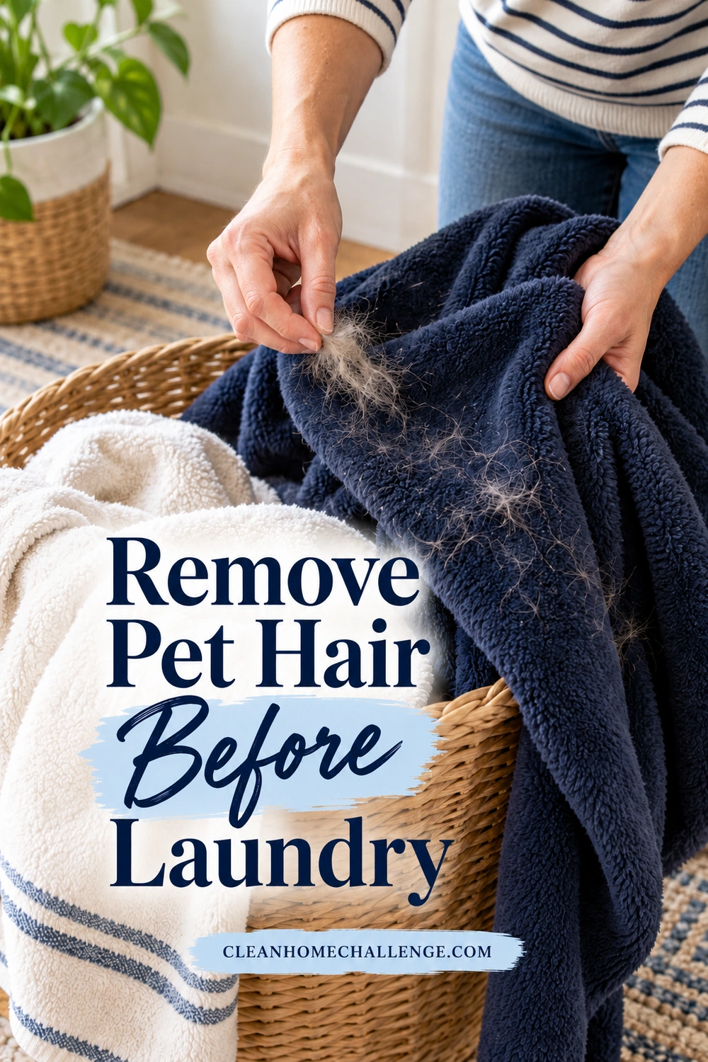 Hands lift a clump of pet hair from a navy fleece blanket held over a wicker laundry hamper.