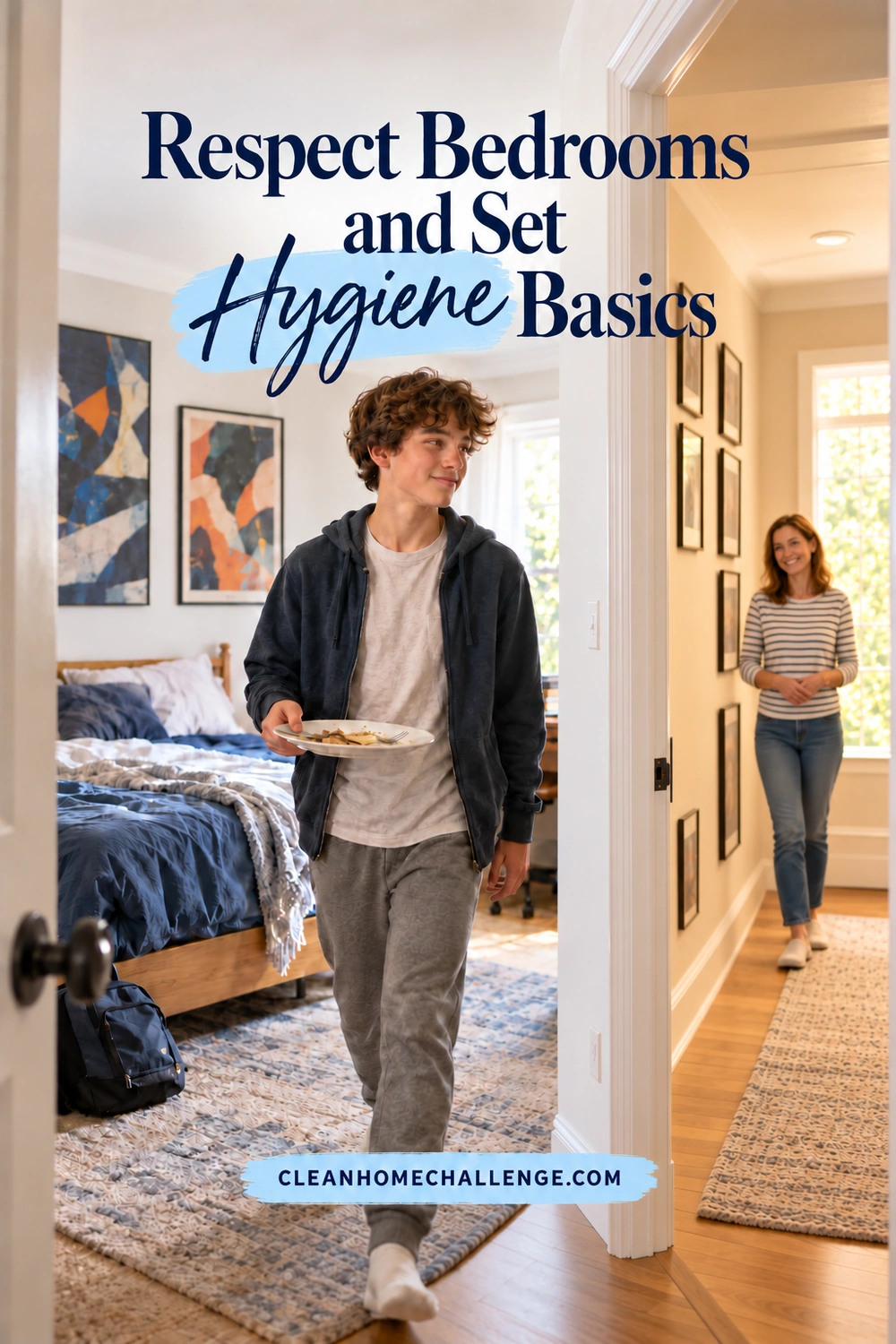 A teenage boy carries a used plate out of his bedroom while an adult woman waits in the hallway outside the open door.