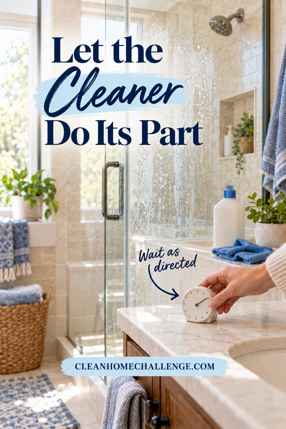 A hand adjusts a small timer on a bathroom counter beside a blue cloth and cleaner bottle, with wet shower glass behind.