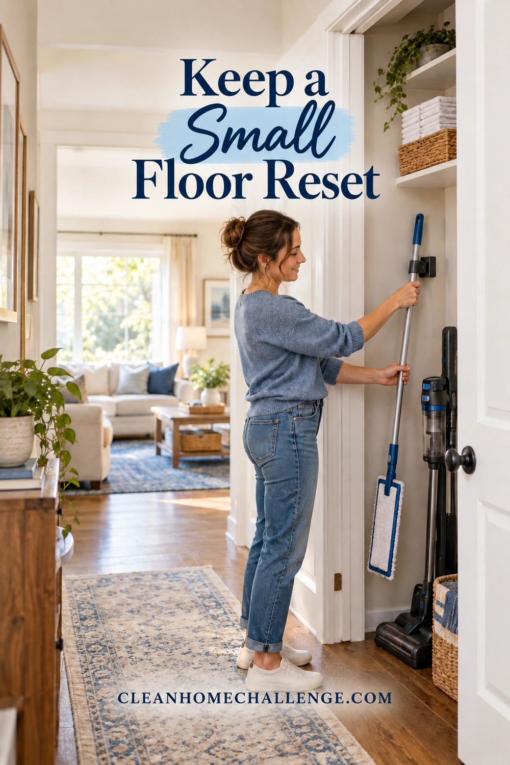 A woman returns a clean flat mop to a wall clip beside a vacuum in a utility closet.