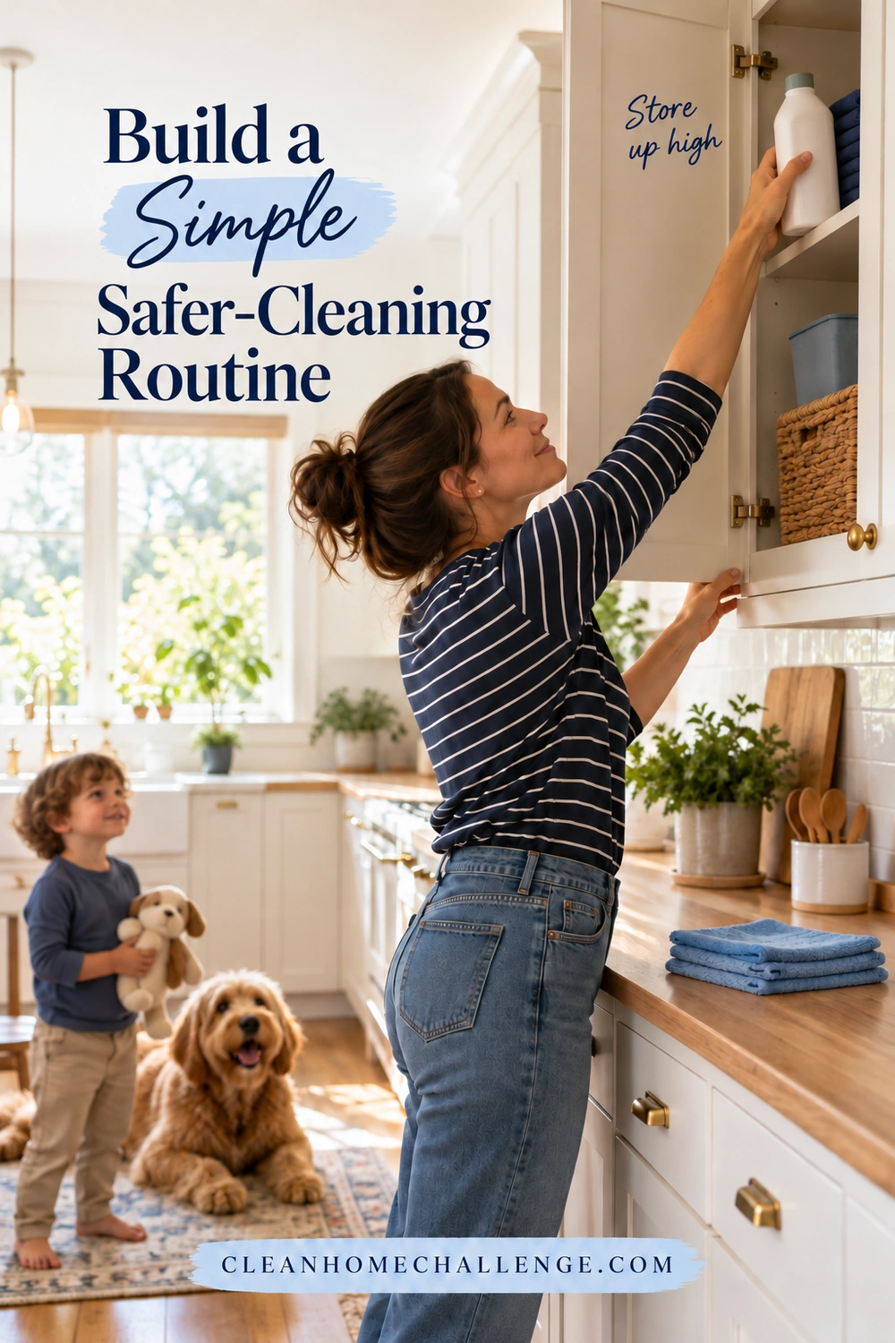 Woman placing a closed white cleaning bottle into a high cupboard, with a child and dog standing well below and cloths on the counter.