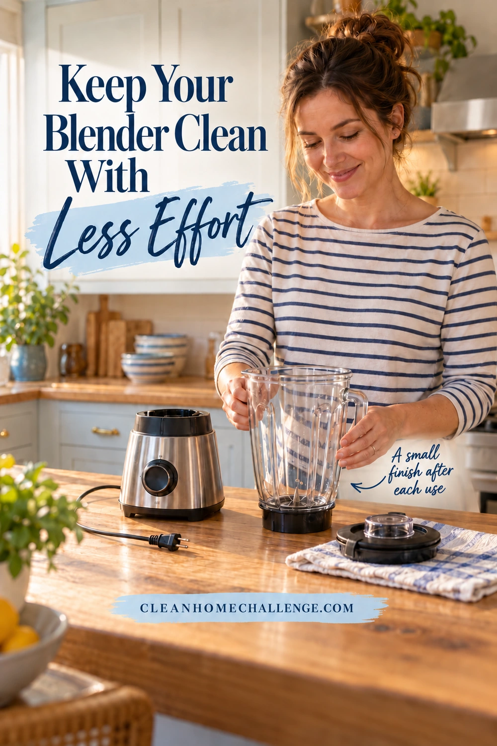 A woman sets a clean blender jug beside its unplugged motor base while the separate lid rests on a cloth on the kitchen counter.