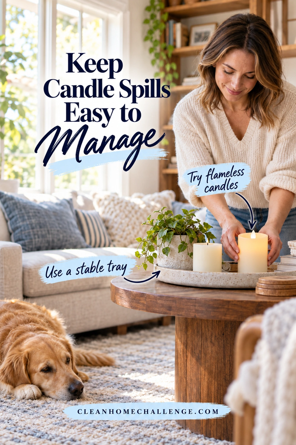 A woman arranges a flameless pillar candle with a rigid white LED tip on a ceramic tray beside an unlit candle. A dog rests on the living-room rug below.