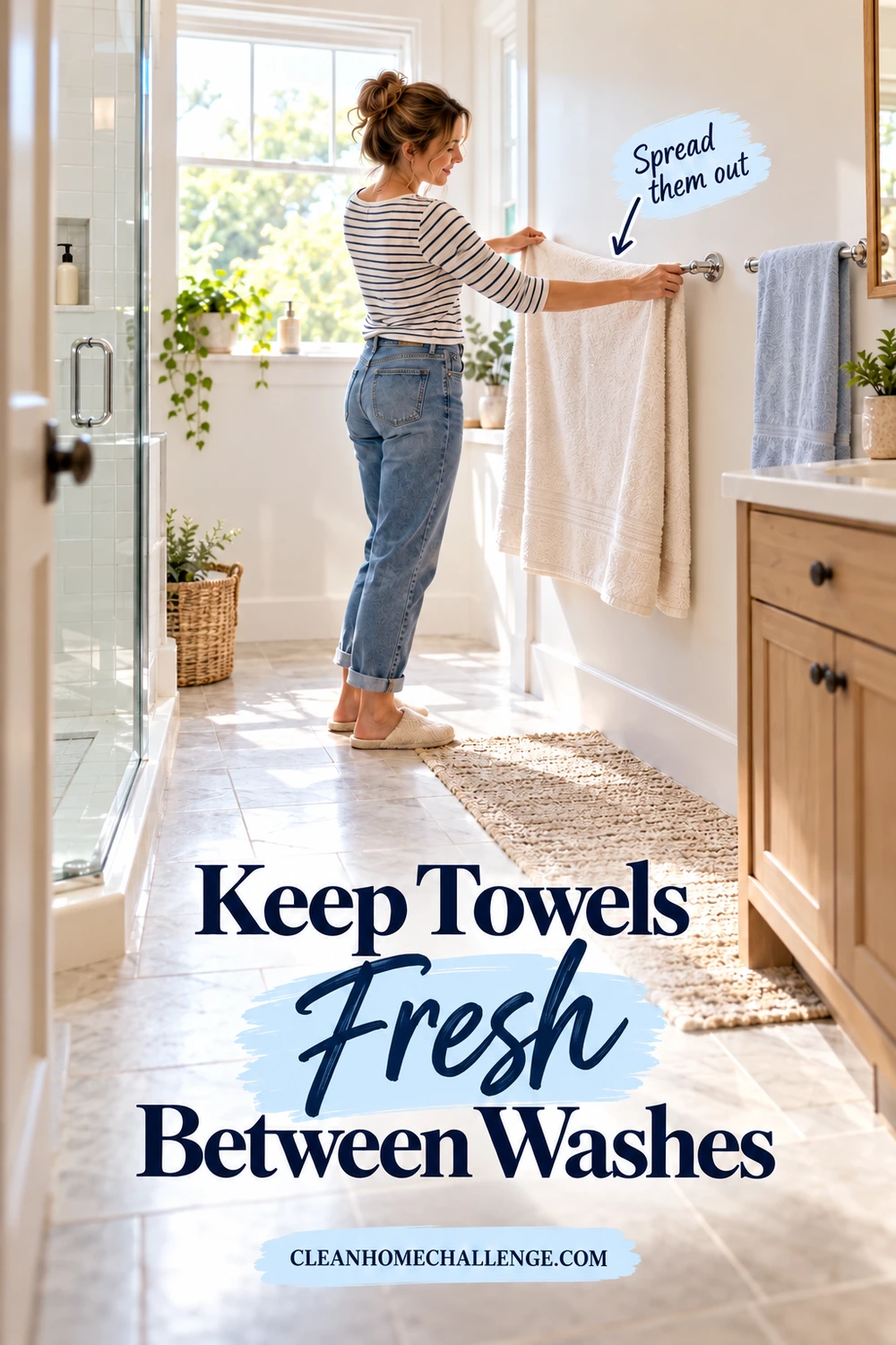 A woman spreads a cream bath towel along a bathroom rail, with a blue towel hanging separately on a second rail.