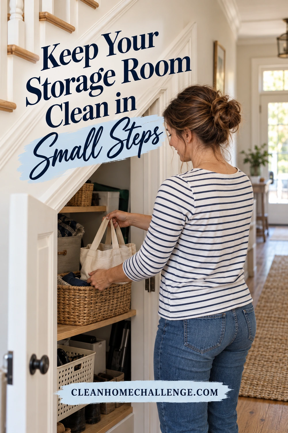 A woman in a striped shirt places a reusable canvas tote into a basket inside an open under-stairs cupboard.
