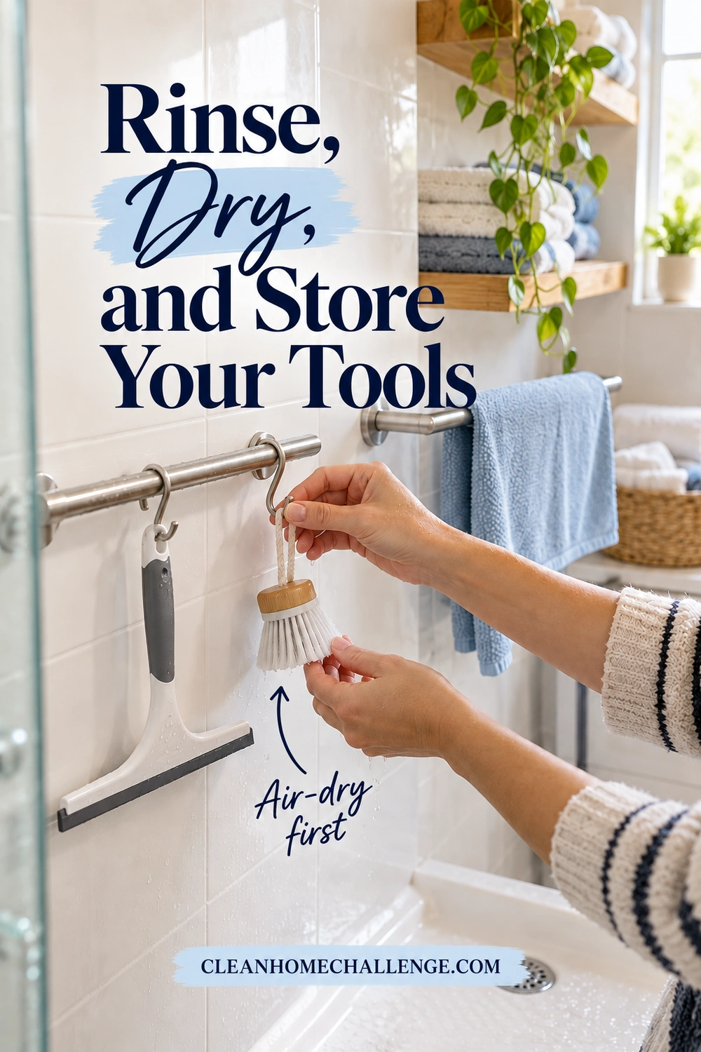 Hands hang a round brush from a hook over a shower base beside a suspended squeegee.
