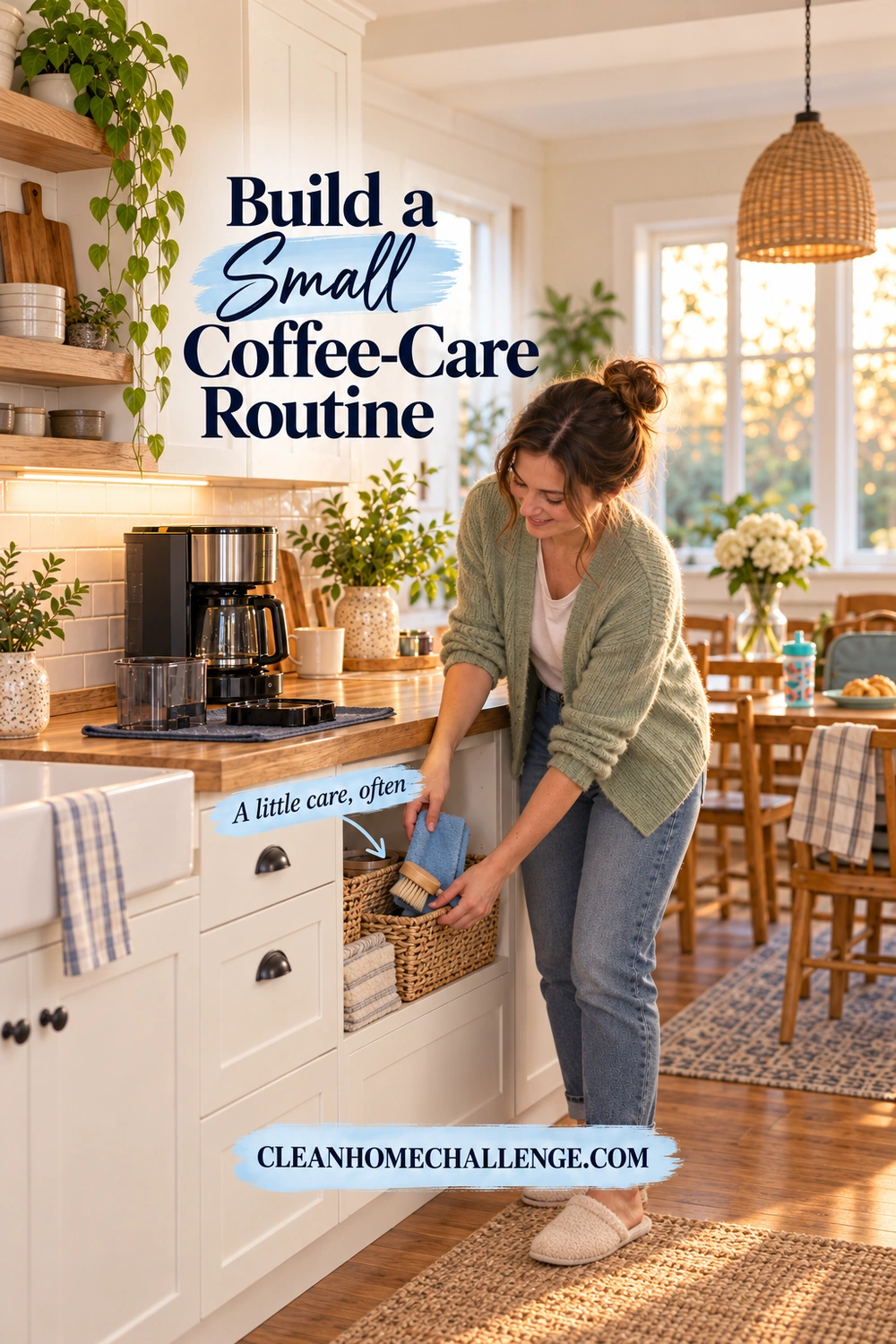 A woman puts a blue cloth and a brush into a woven basket beneath a coffee station with removable parts drying on a towel.