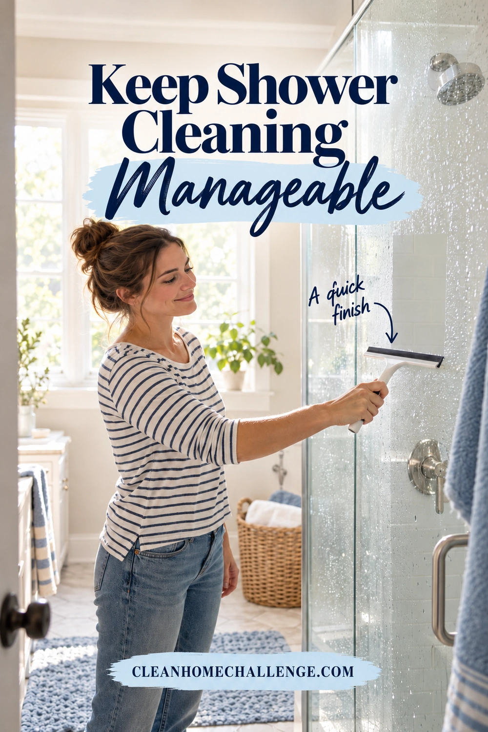 A woman in a striped shirt draws a white squeegee over a glass shower door dotted with water.