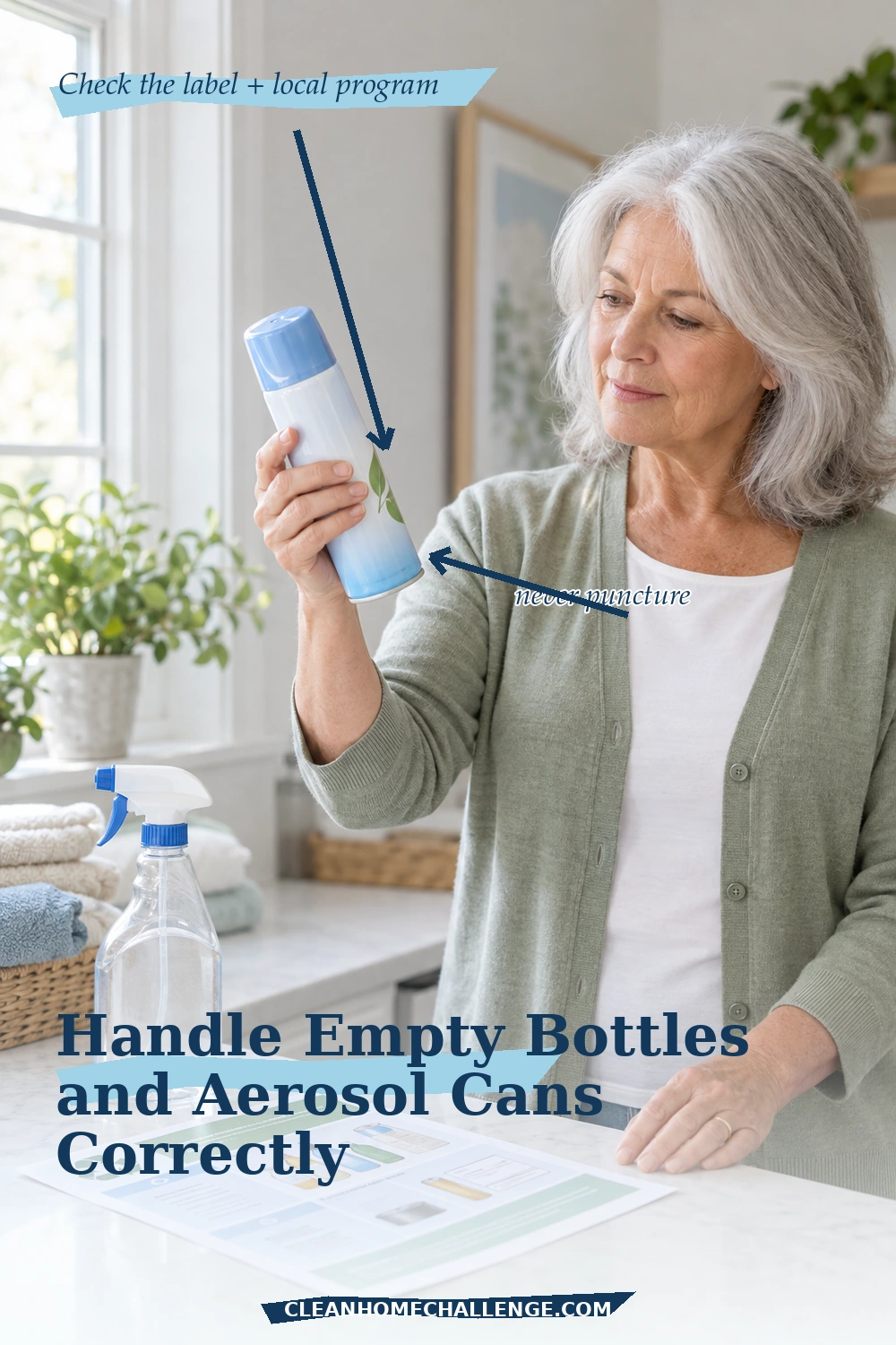 Older woman checking an intact capped aerosol can against local disposal guidance